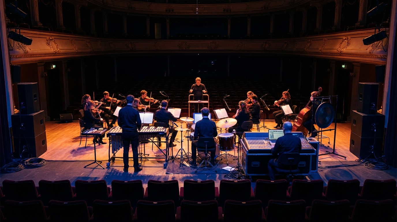 Répétition d'un ensemble de musique contemporaine vue depuis le fond de la salle, musiciens autour d'un compositeur pilotant l'électronique en direct sur ordinateur et console
